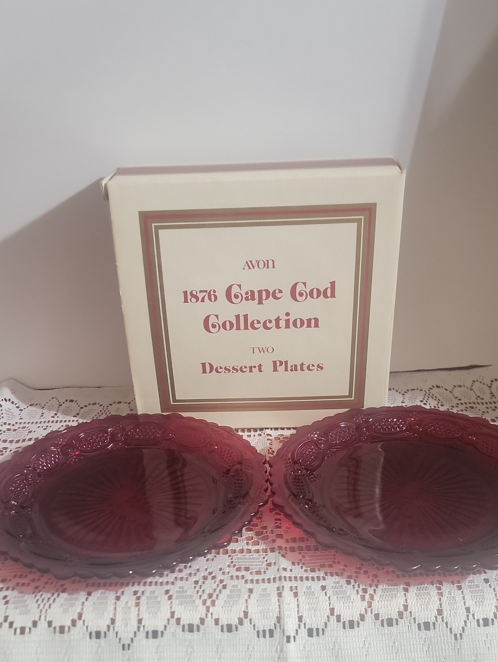 Avon 1876 Cape Cod Collection Deep Ruby Glass Dessert Plates - Pair